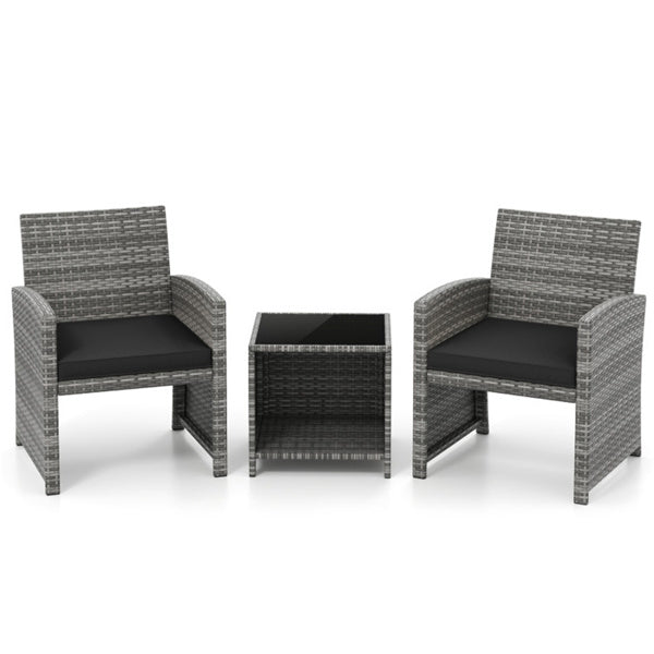 Black 3-Piece Patio Furniture Set with Tempered Glass Coffee Table