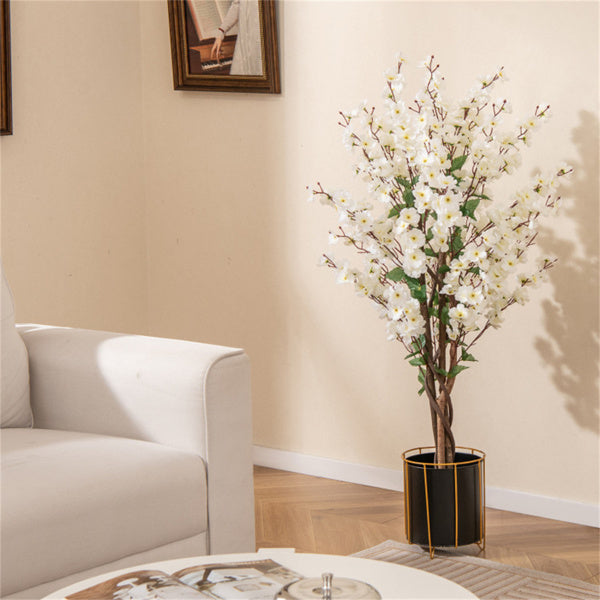 White Faux Plum Blossom Tree with Solid Wood Trunk