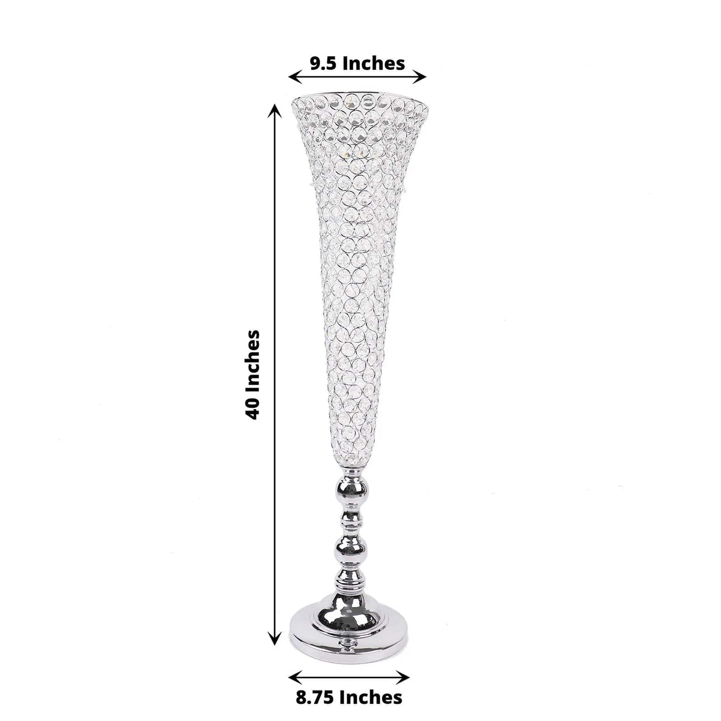 Set of 2 Silver Metal 40" Trumpet Vases with Acrylic Crystal Beads