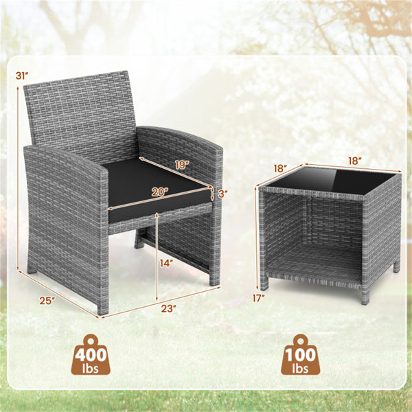 Black 3-Piece Patio Furniture Set with Tempered Glass Coffee Table