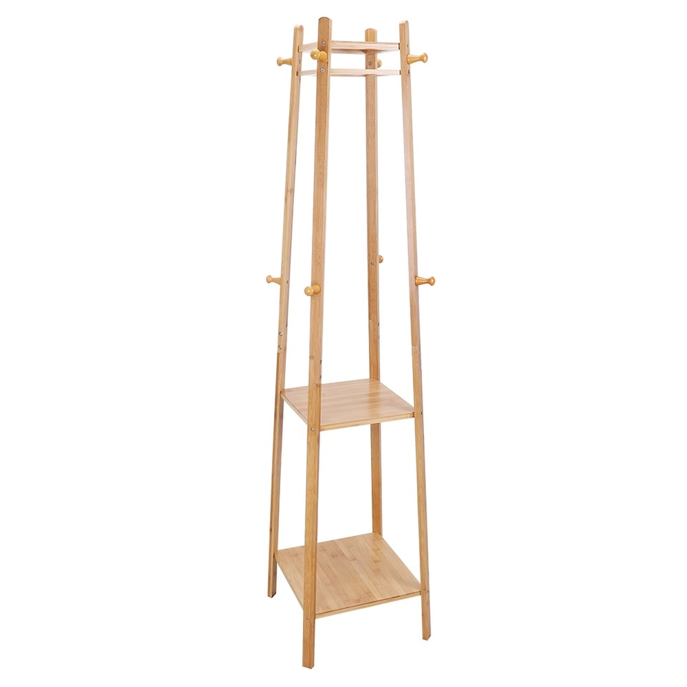 Bamboo Standing Coat Rack with Shelves & Hooks