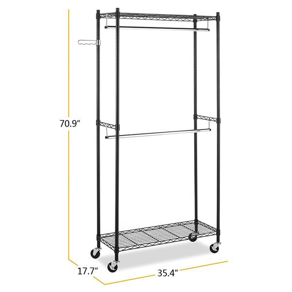 Heavy Duty Garment Rack with Adjustable Shelves & Wheels Black