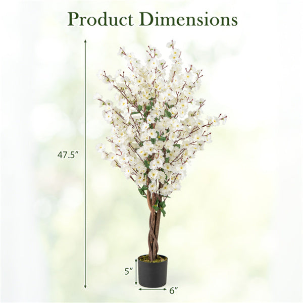 White Faux Plum Blossom Tree with Solid Wood Trunk
