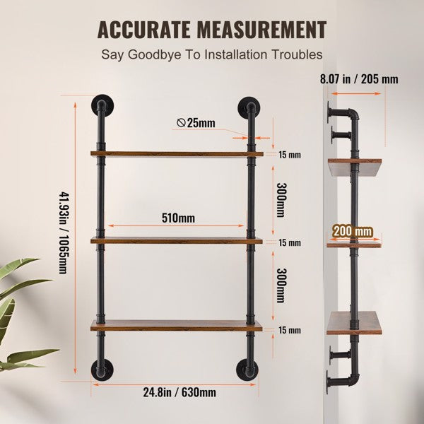 3-Tier Industrial Pipe Wall Shelf