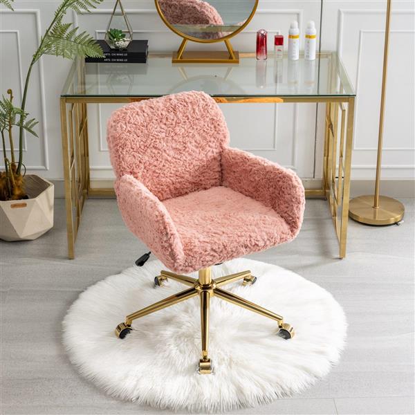Pink Faux Rabbit Fur Office Chair with Gold Base