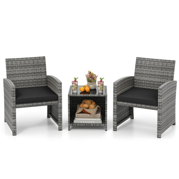 Black 3-Piece Patio Furniture Set with Tempered Glass Coffee Table
