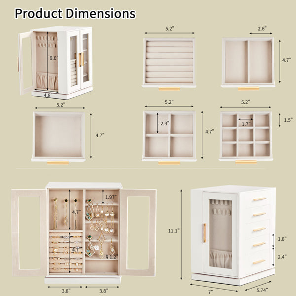 360° Rotating White Jewelry Cabinet with 5 Drawers