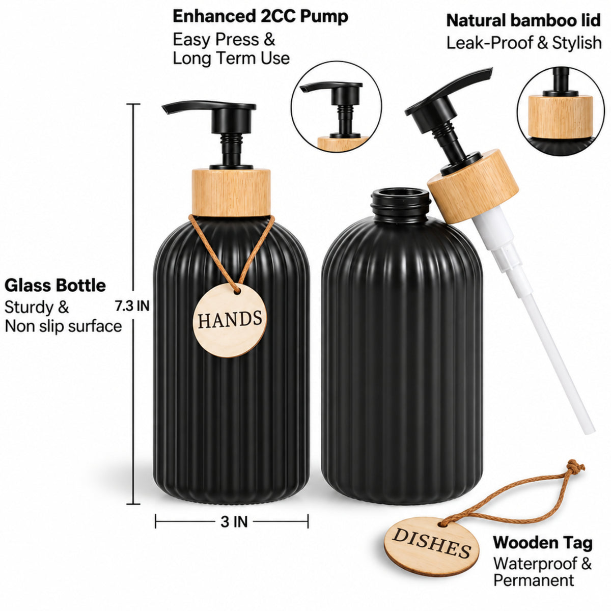 Home Collection 2-Pack 14.5 oz Glass Soap Dispenser with Bamboo Pump