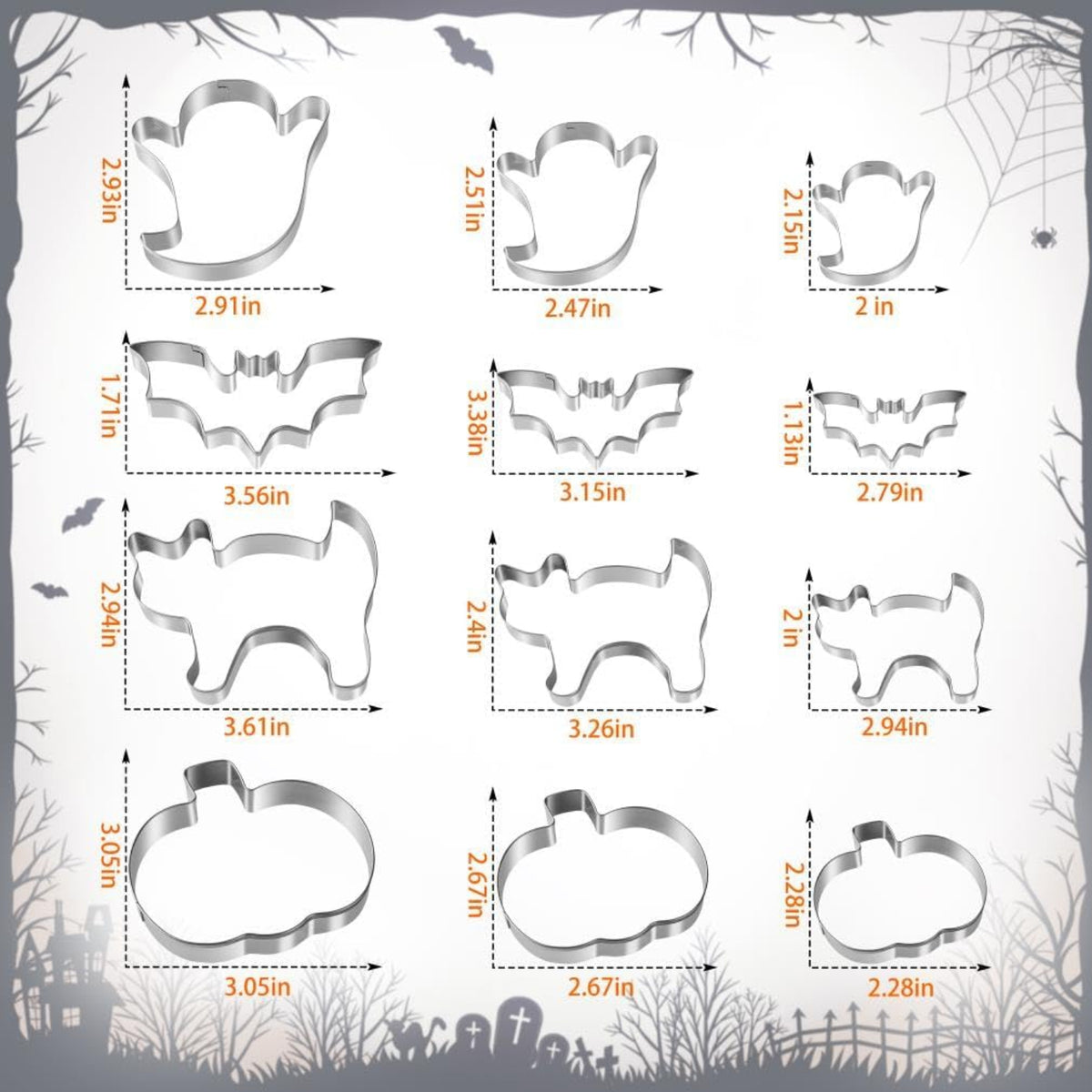 Home Collection Pack of 12 Halloween Cookie Cutter Set Stainless Steel Pumpkin Ghost Bat and Cat Shapes