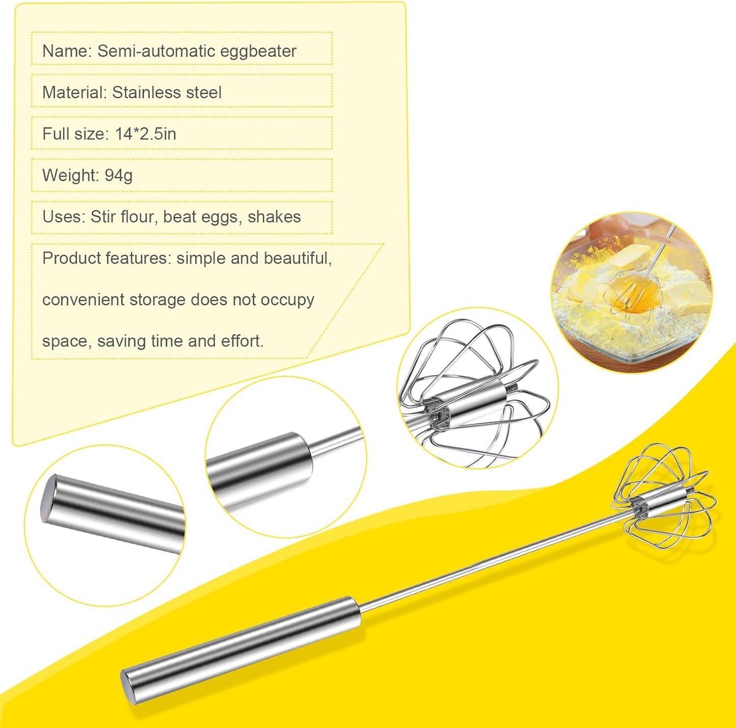 Home Collection Stainless Steel Semi-Automatic Egg Whisk 14"