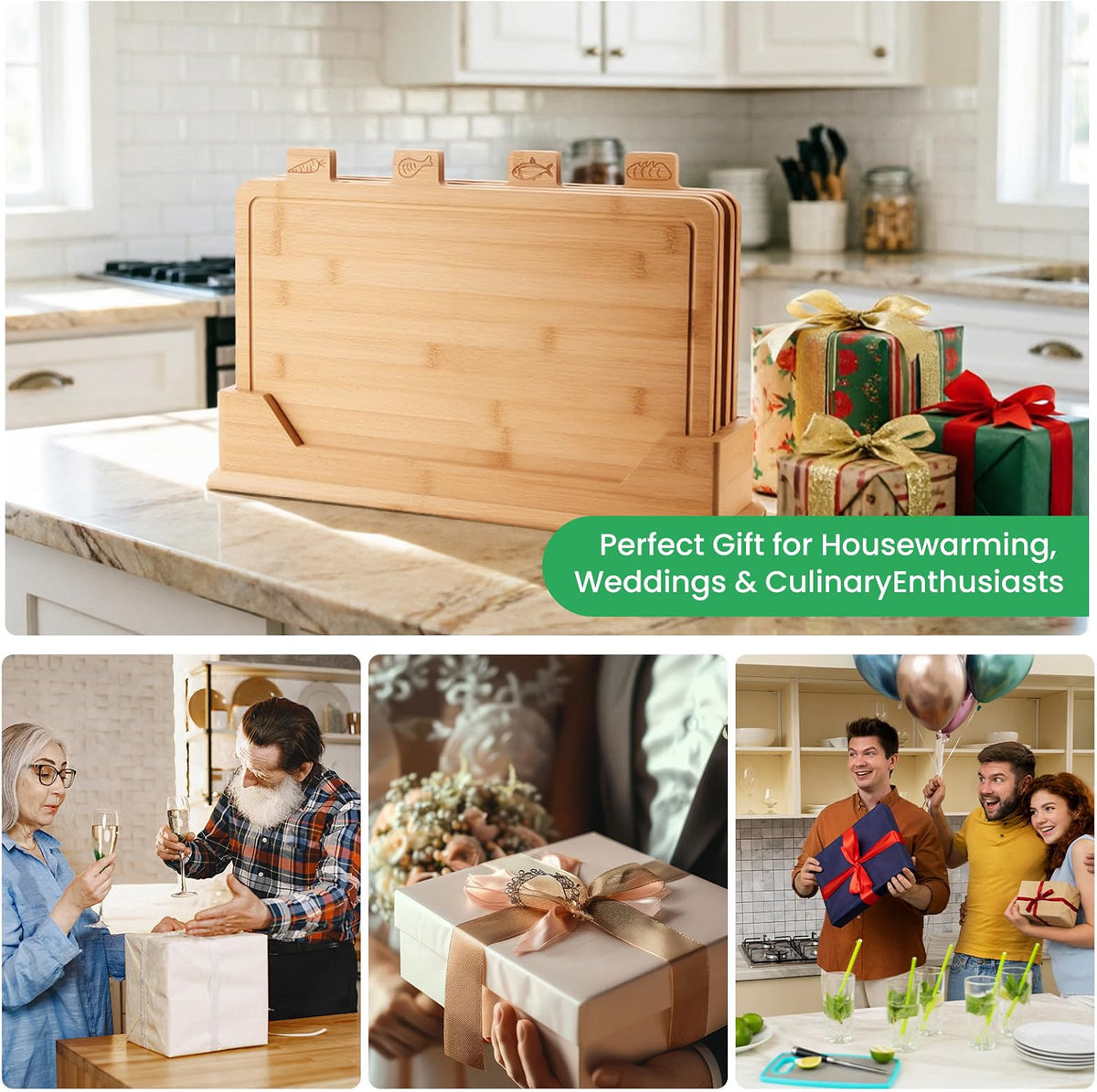 Home Collection Pack of 4 Bamboo Cutting Board Set with Storage Rack 19.9 x 4.7 x 12.6 inch