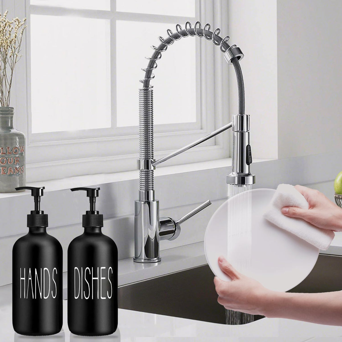 Home Collection Pack of 2 Glass Soap Dispenser Kitchen Sink Dish and Hand Soap Pump Bottles 16 oz