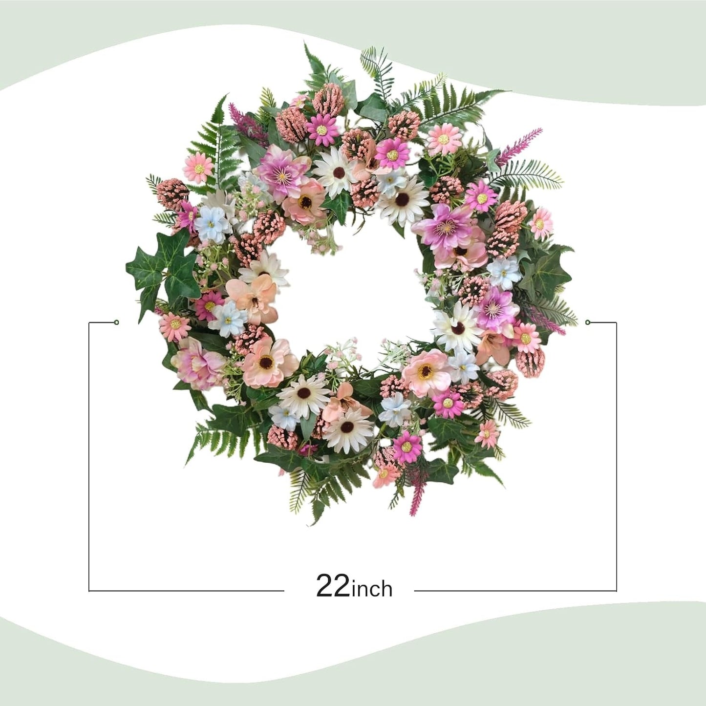 Home Collection Spring Daisy Wreath with Pink Wild Flowers and Green Fern Leaves 22 Inch
