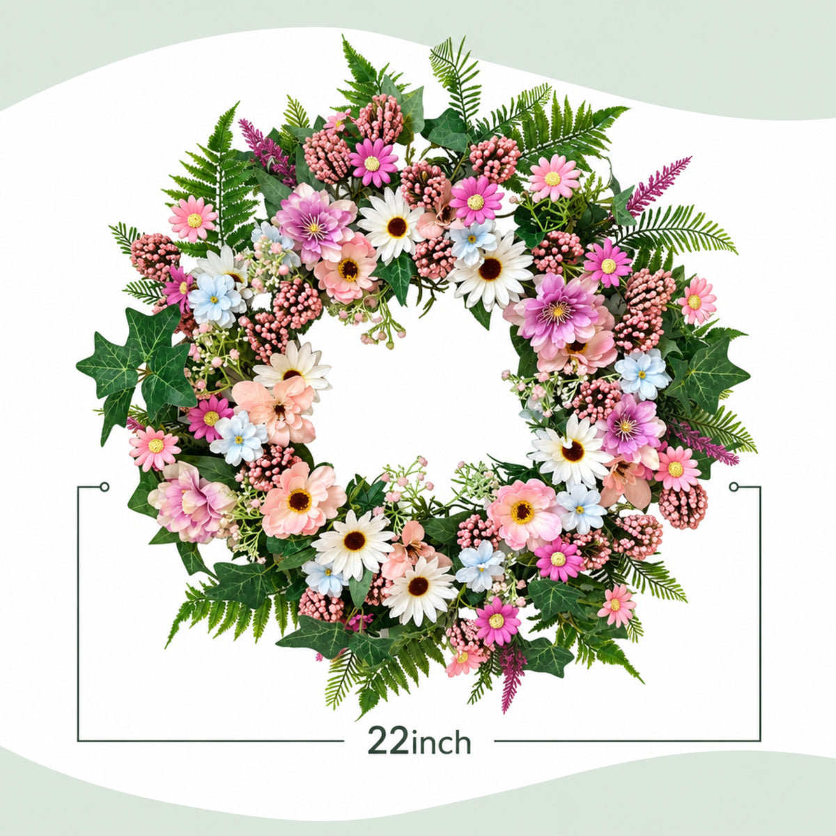 Home Collection Spring Daisy Wreath with Pink Wild Flowers and Green Fern Leaves 22 Inch