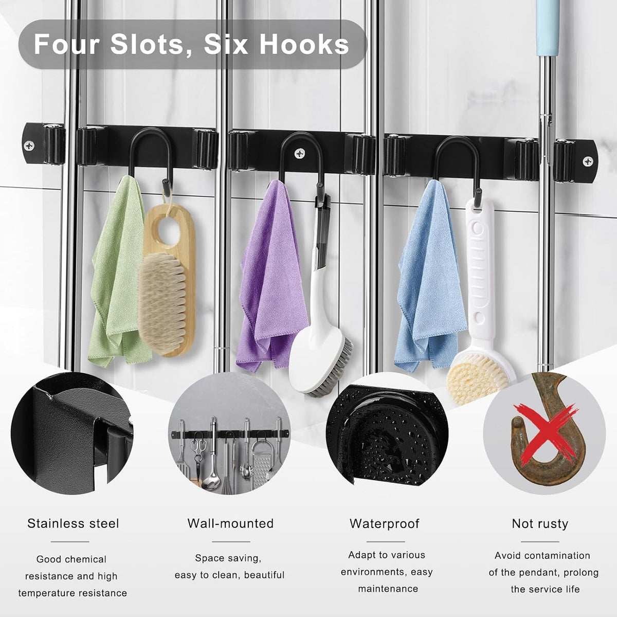 Home Collection Stainless Steel Wall Mounted Mop and Broom Holder with 4 Slots and 6 Hooks
