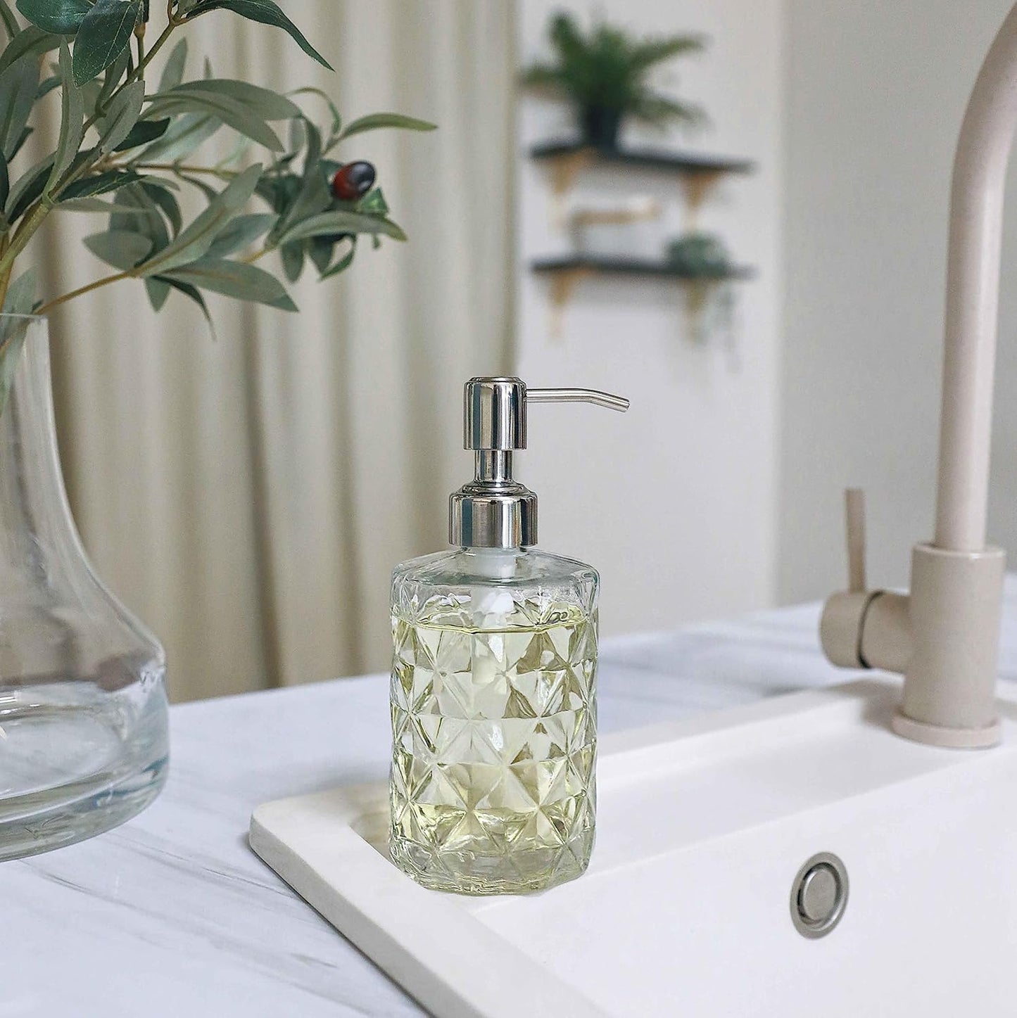 Home Collection 2-Pack 12 oz Diamond Embossed Glass Soap Dispenser with Stainless Steel Pump