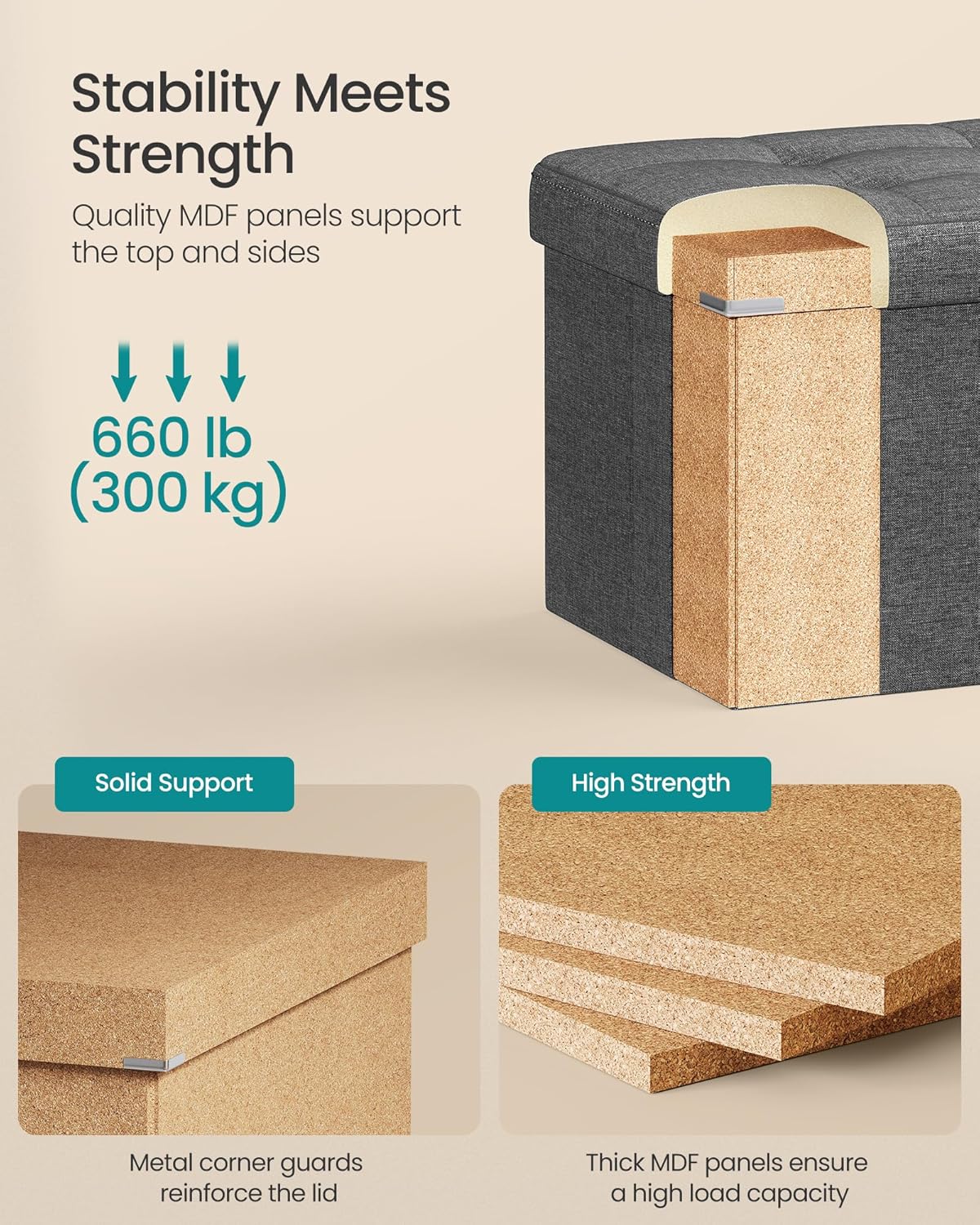 Home Collection 43" Folding Storage Ottoman Bench with Hidden Storage