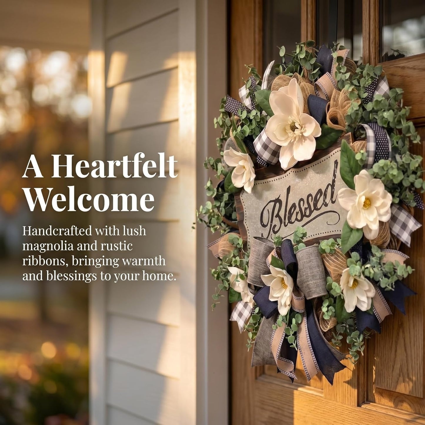 Home Collection Spring Summer Farmhouse Front Door Wreath with White Flowers & Buffalo Plaid Bow