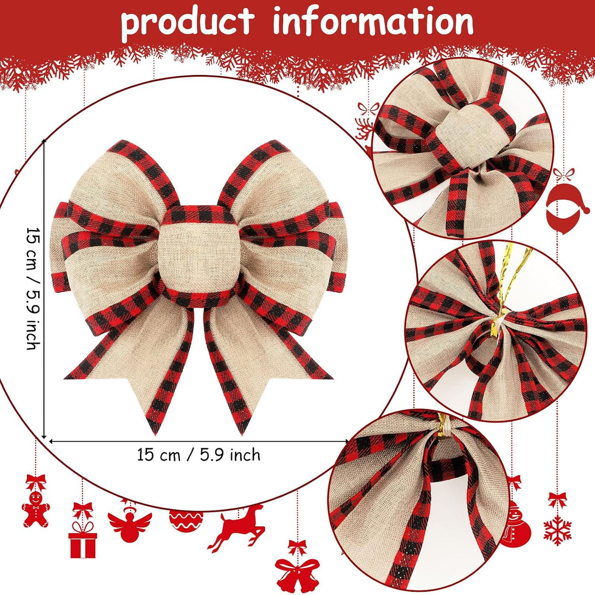 Home Collection Pack of 4 Christmas Buffalo Plaid Bows Burlap Gingham Ribbon Bows for Tree and Wreath Decor 6 Inch