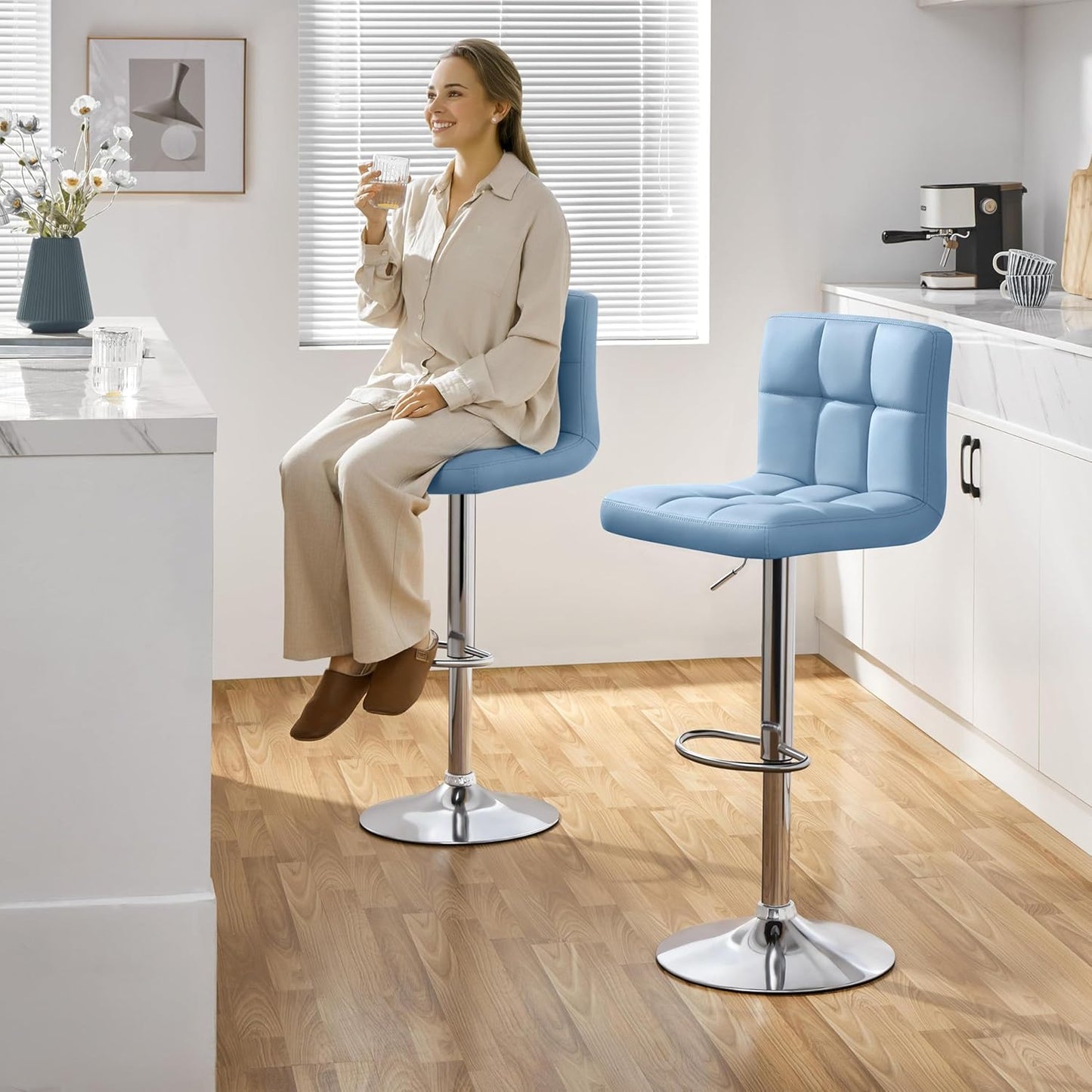 Home Collection Blue PU Leather Adjustable Swivel Bar Stools Set of 2