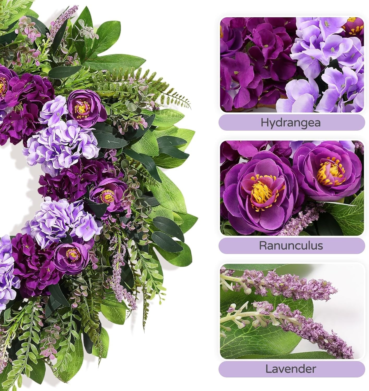 Home Collection Summer Wreath for Front Door with Purple Hydrangea and Ranunculus 24 Inch