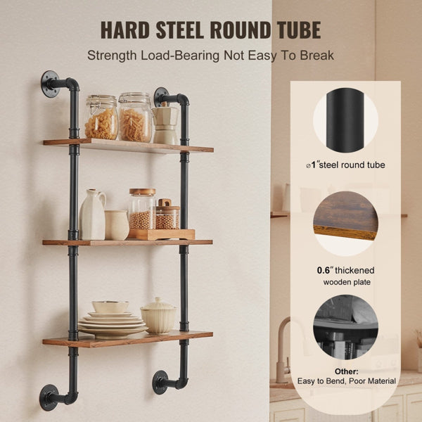3-Tier Industrial Pipe Wall Shelf