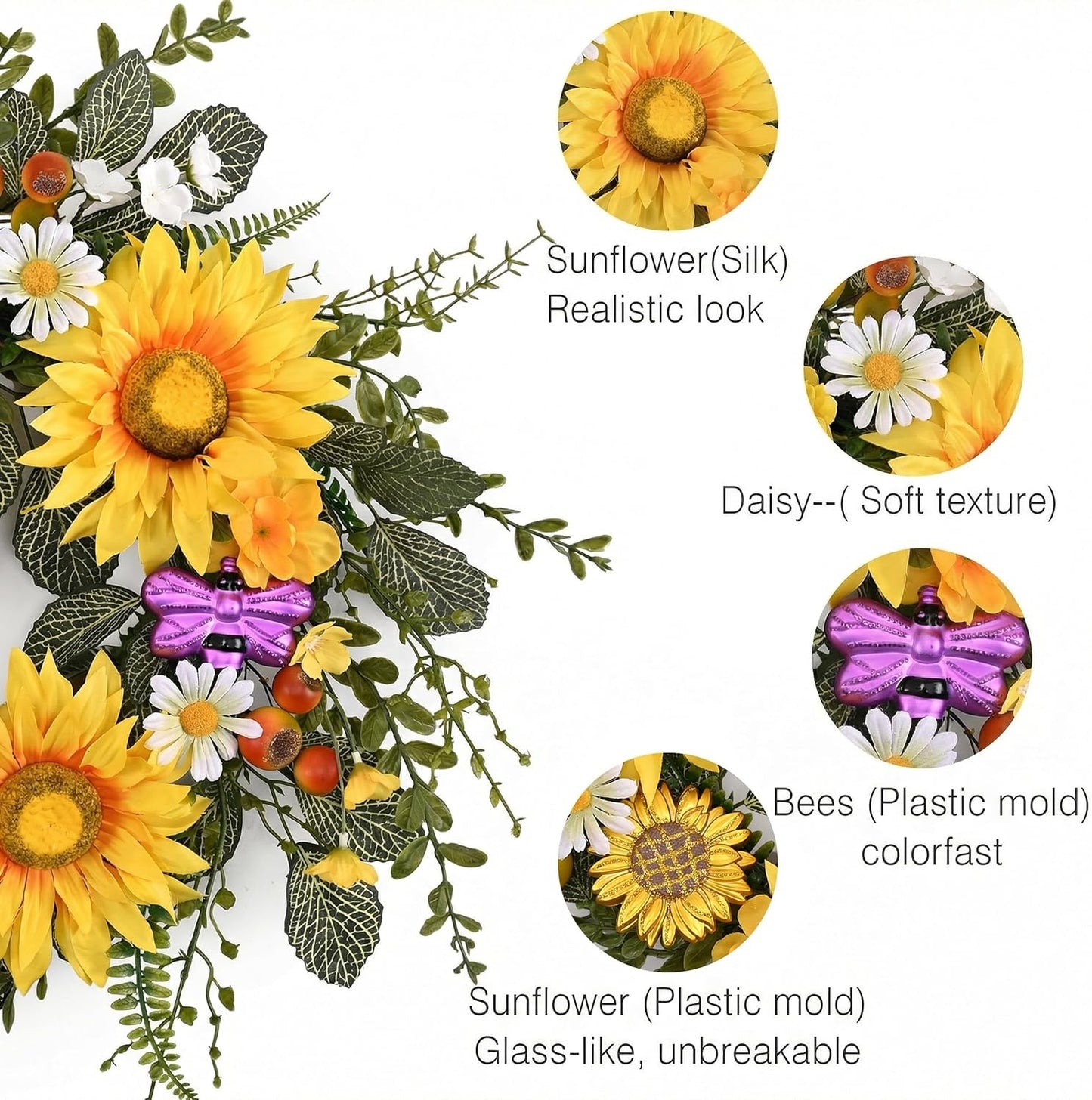 Home Collection Sunflower Summer Wreath for Front Door with Daisy and Bee