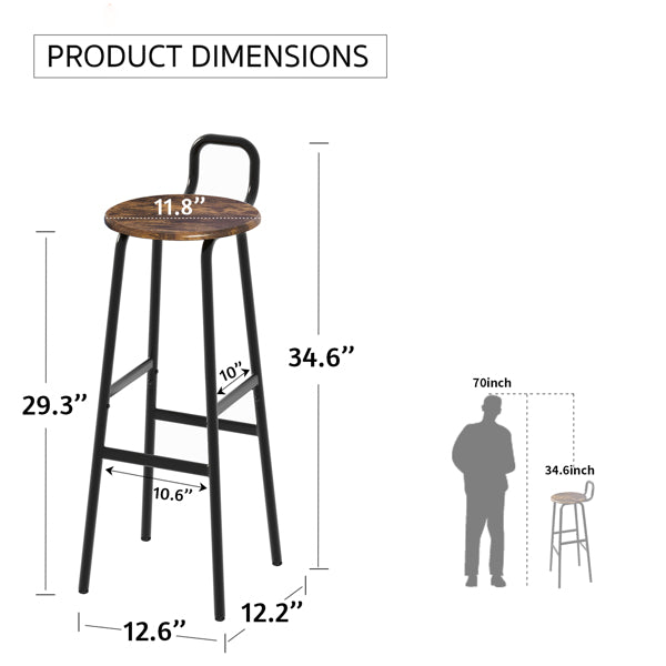 Set of 2 Bar Stools Industrial Bar Chairs with Backrest & Footrest
