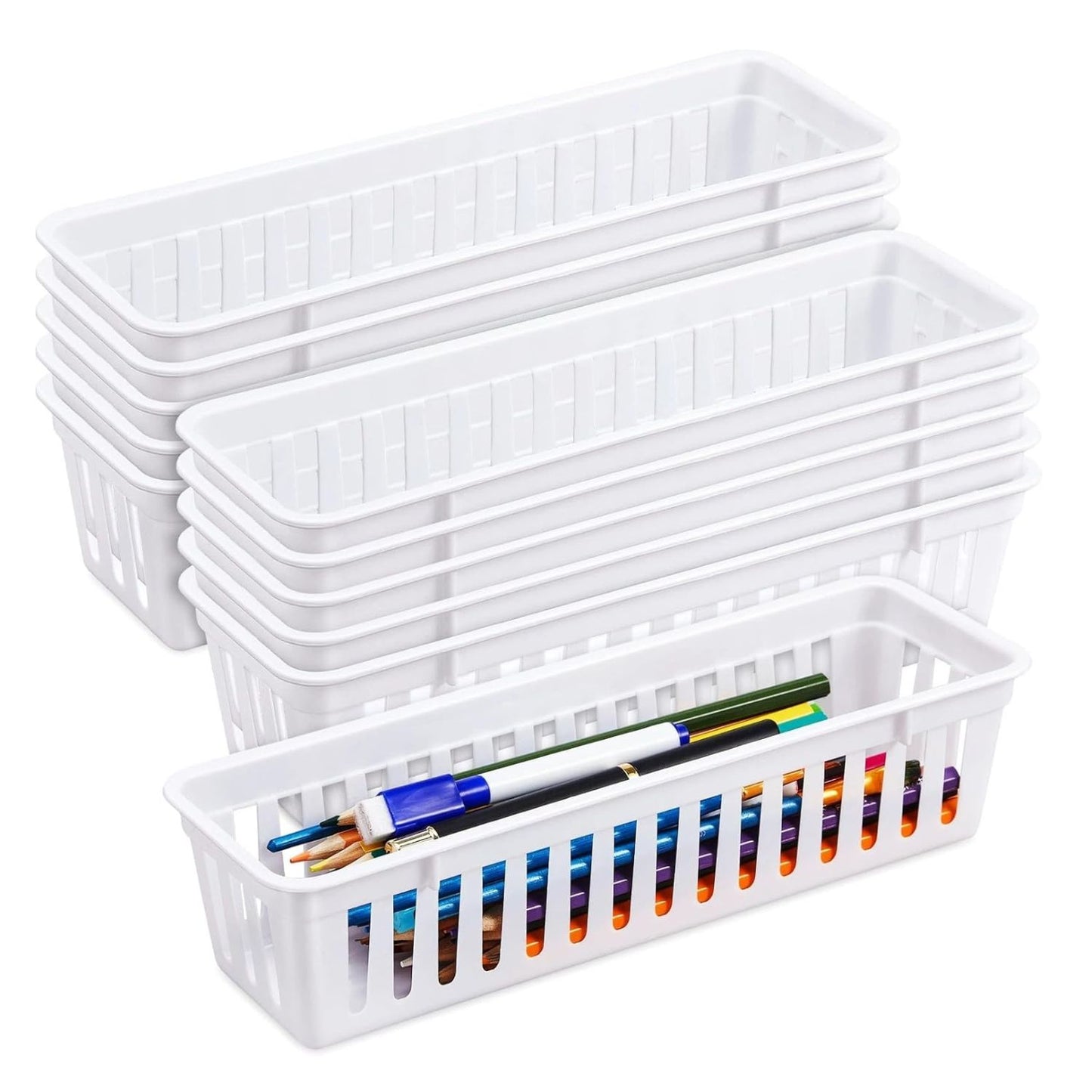 Home Collection Pack of 12 Slim Plastic Storage Baskets Tray Stackable Narrow Organizer Bins