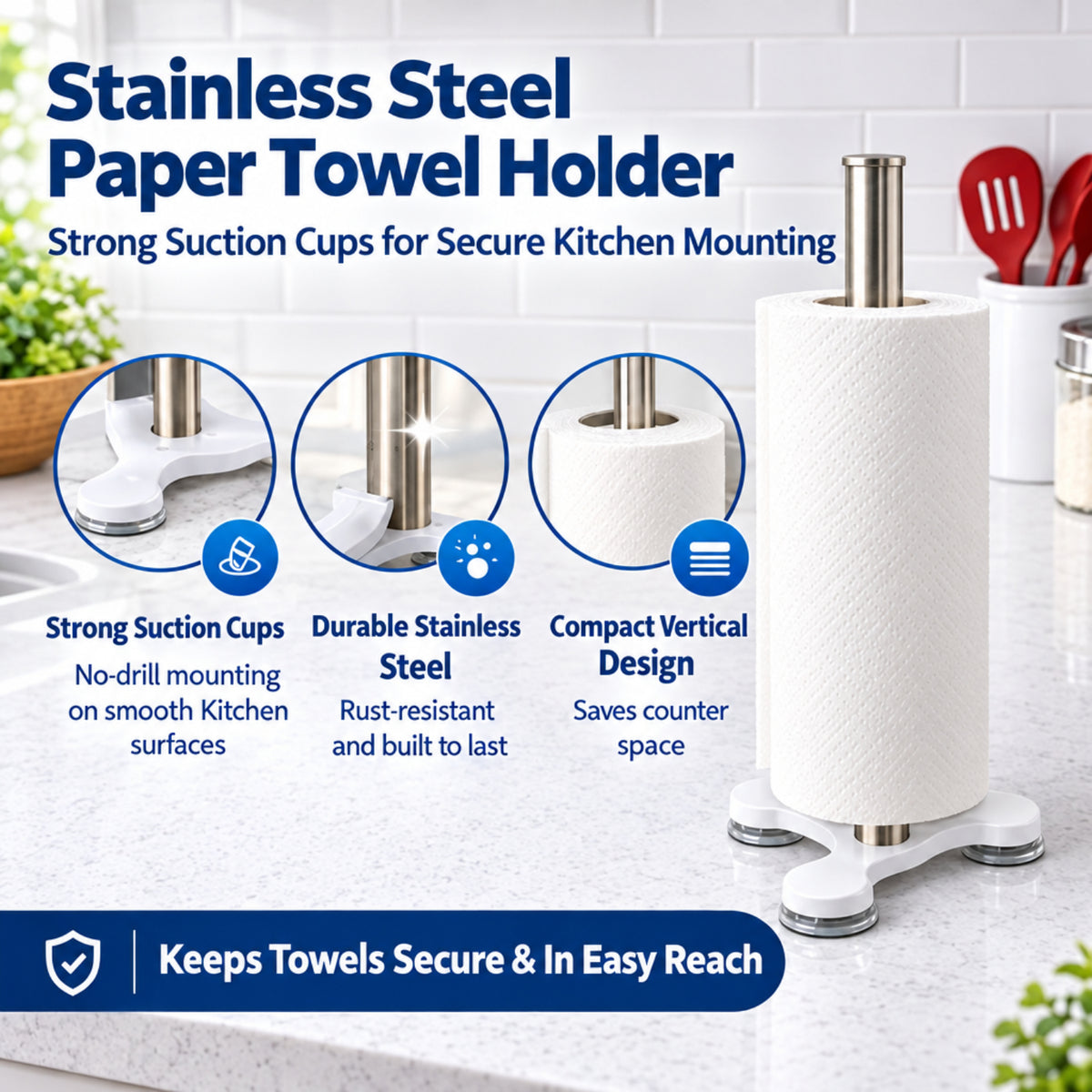 Home Collection Stainless Steel Paper Towel Holder Countertop Suction Base White