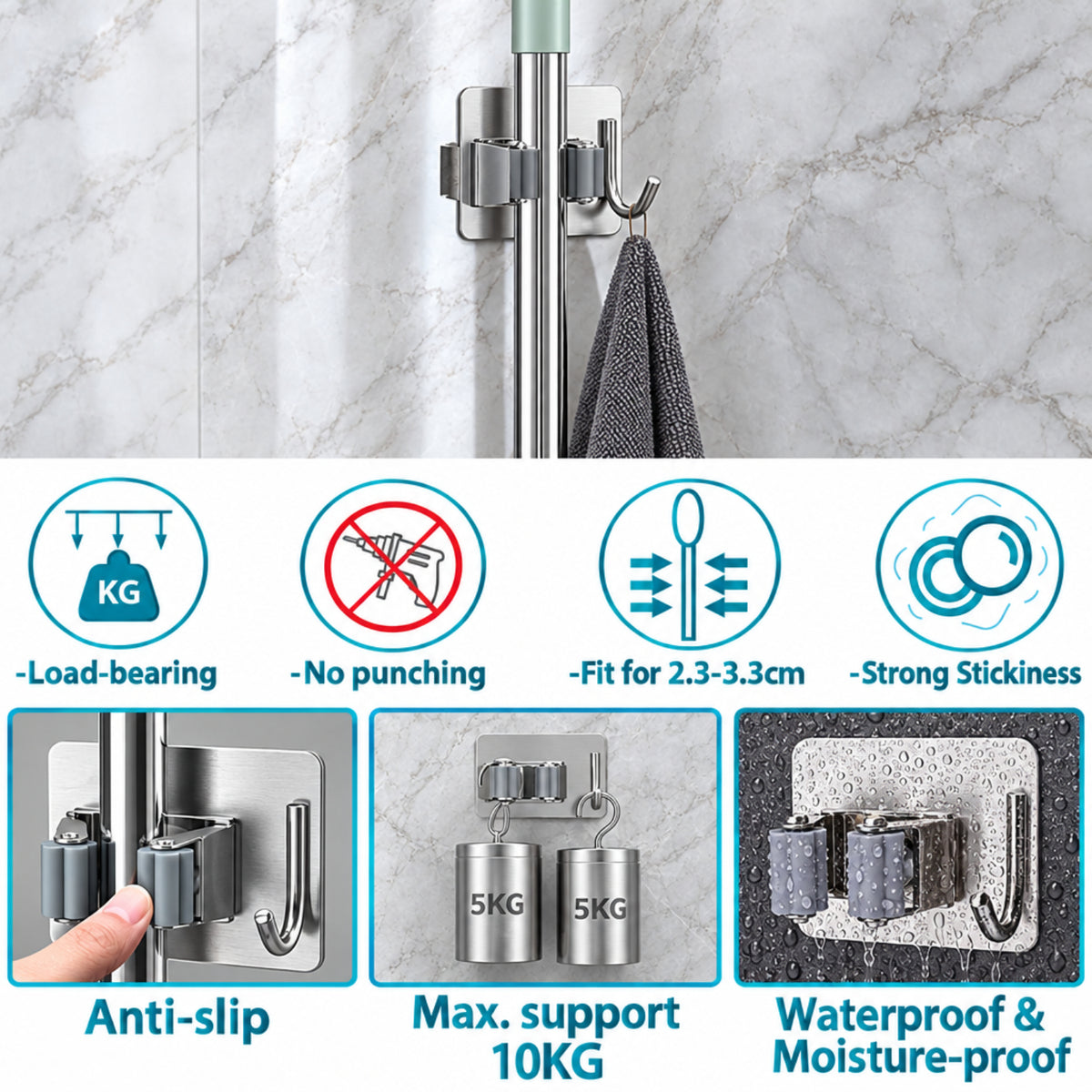 Home Collection Stainless Steel Wall Mounted Mop and Broom Holder with Hooks
