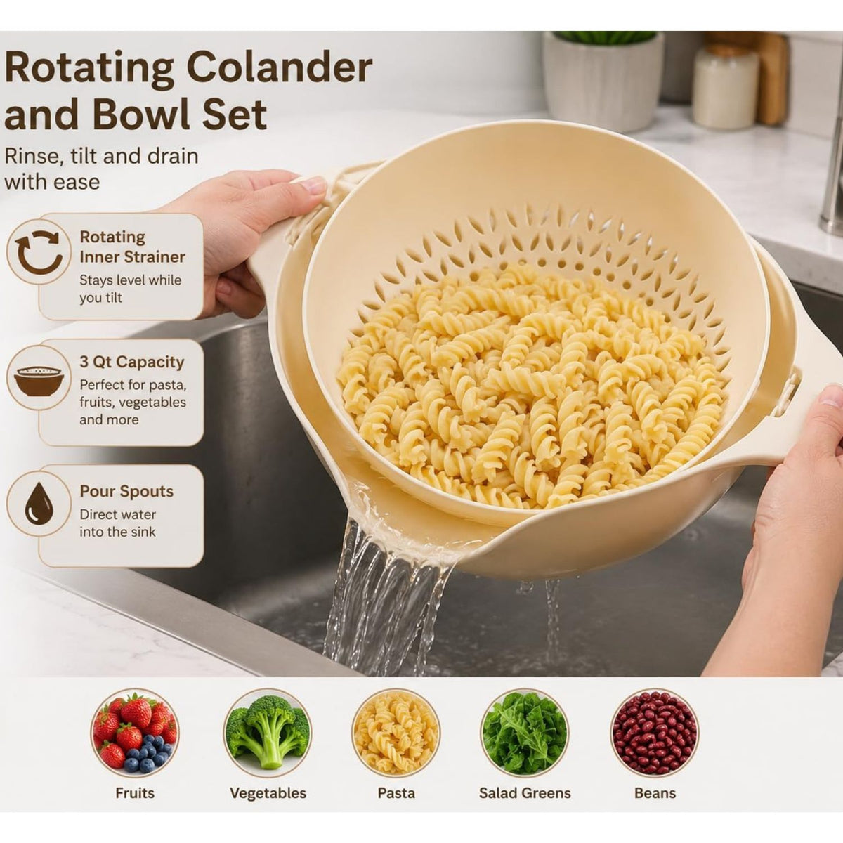 Home Collection Rinse and Drain Bowl Strainer Colander Combo