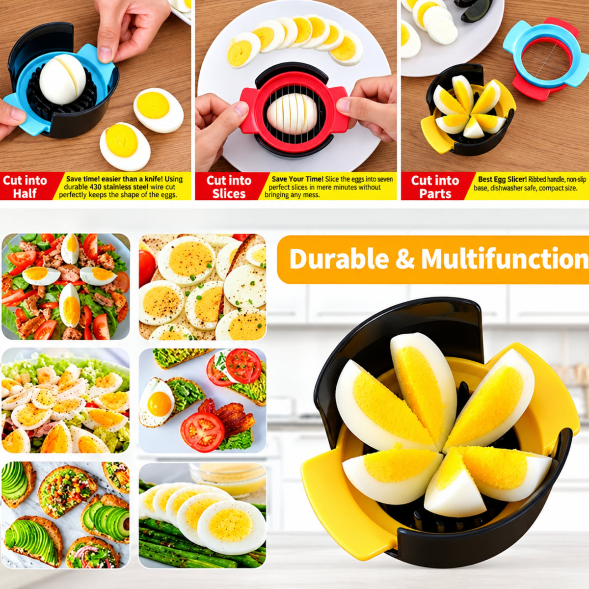 Home Collection 3 in 1 Egg Slicer Cutter and Strawberry Divider Kitchen Tool