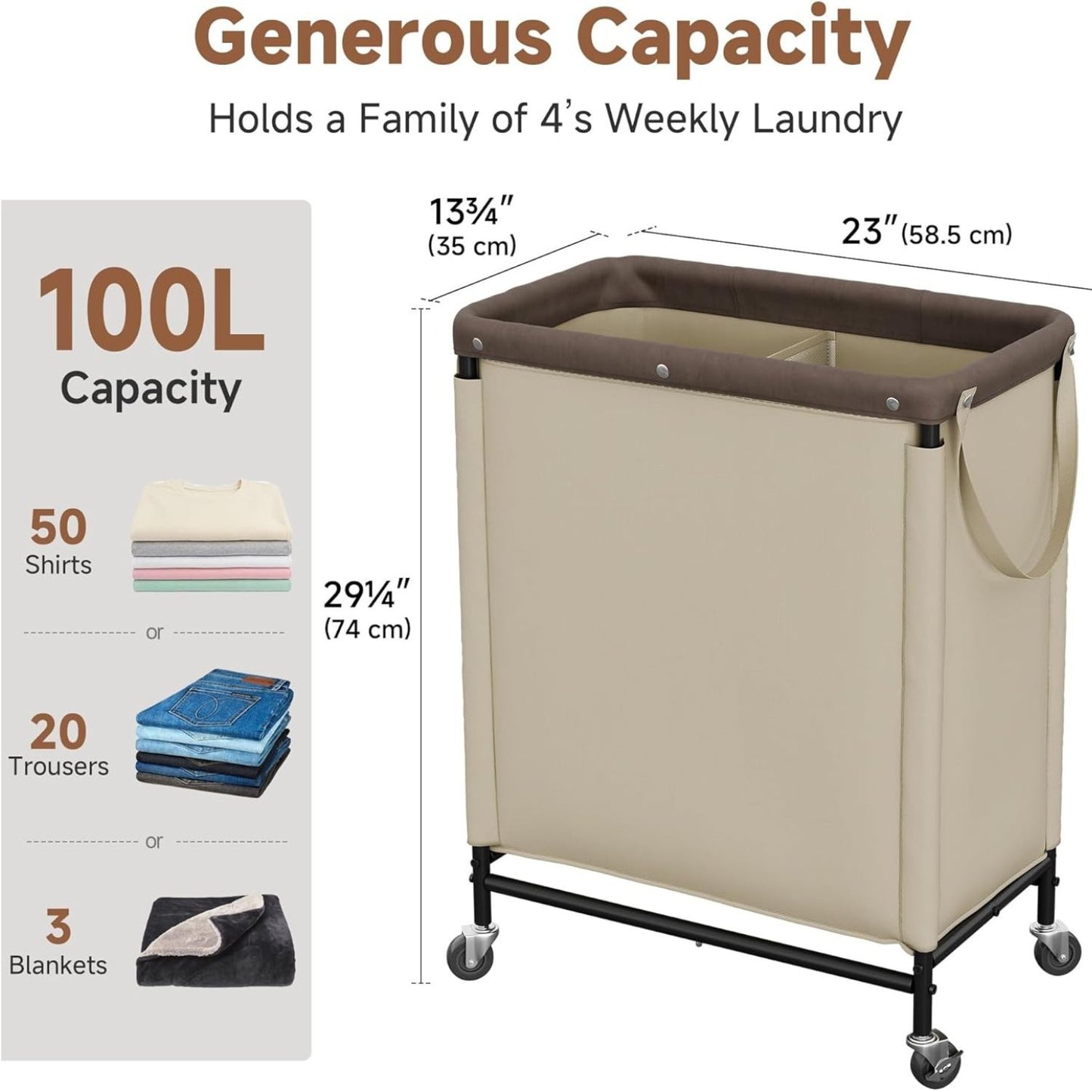 Home Collection 2 Section Rolling Laundry Hamper with Wheels 100L