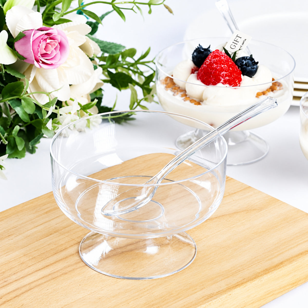 Home Collection Pack of 24 Clear Crystal Plastic Footed Dessert Cups 6oz with Spoons