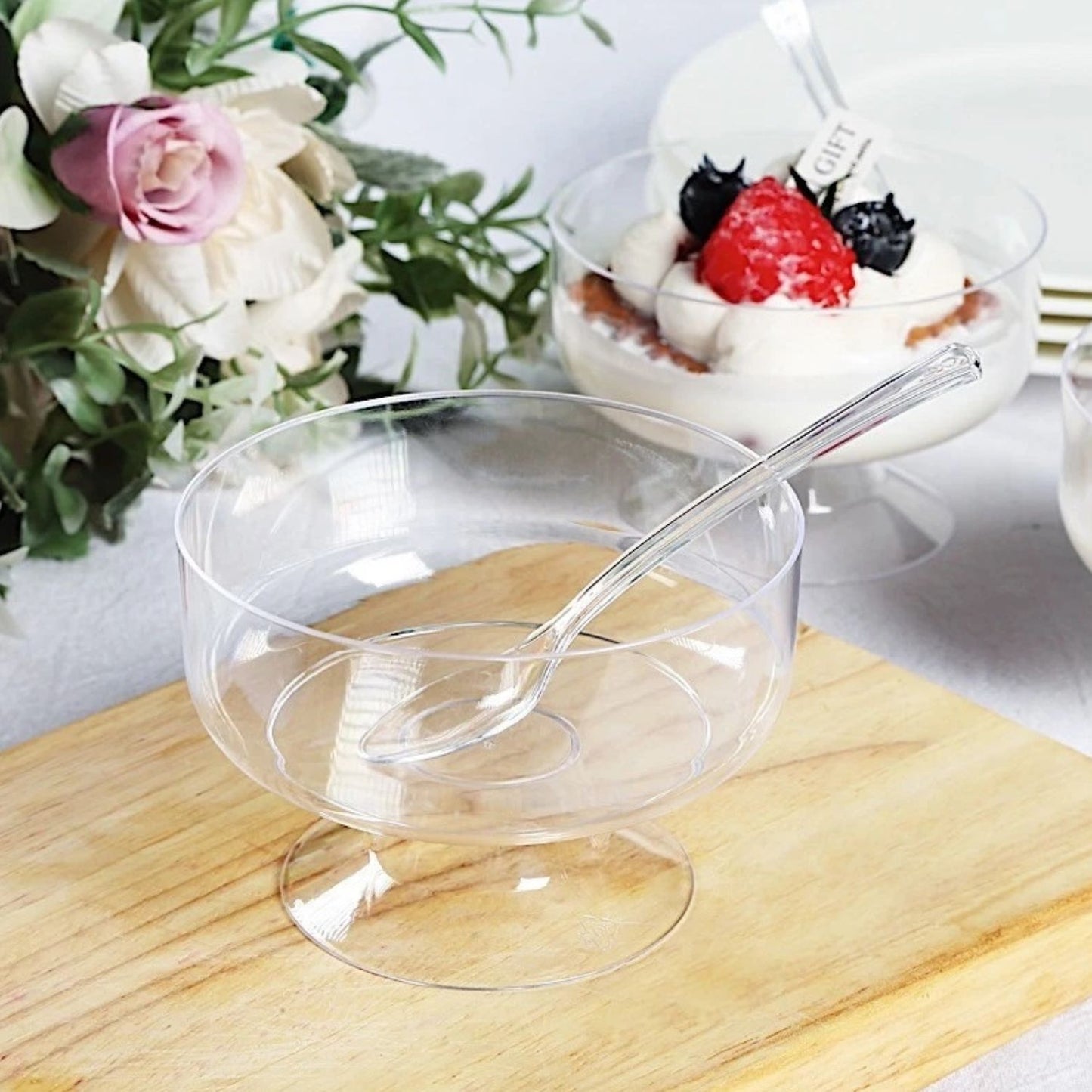 Home Collection Pack of 24 Clear Crystal Plastic Footed Dessert Cups 6oz with Spoons