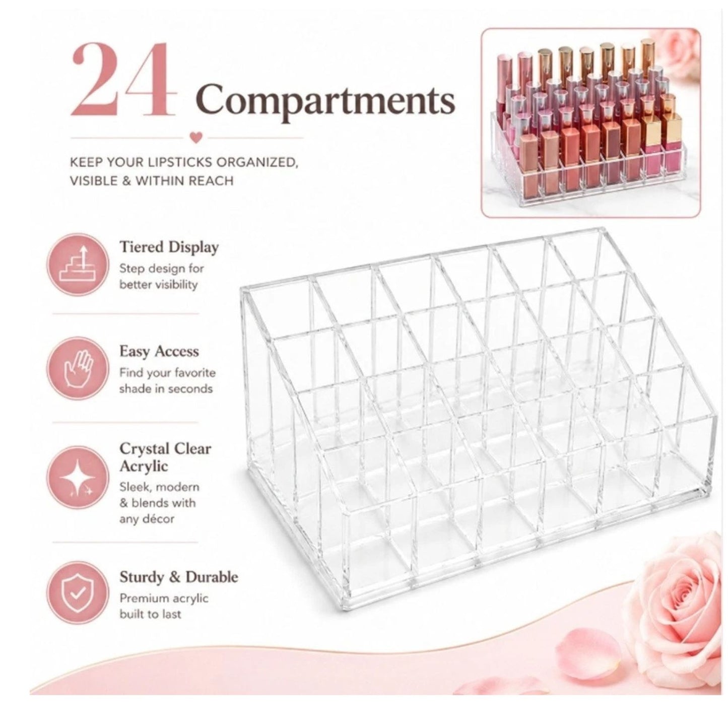 Home Collection 24 Slot Acrylic Lipstick Holder Makeup Organizer