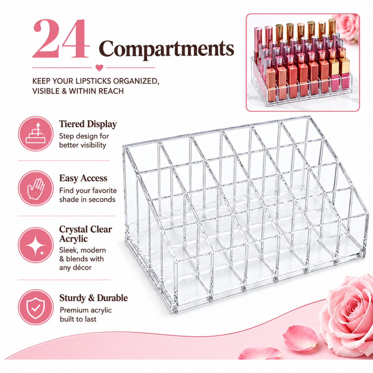 Home Collection 24 Slot Acrylic Lipstick Holder Makeup Organizer