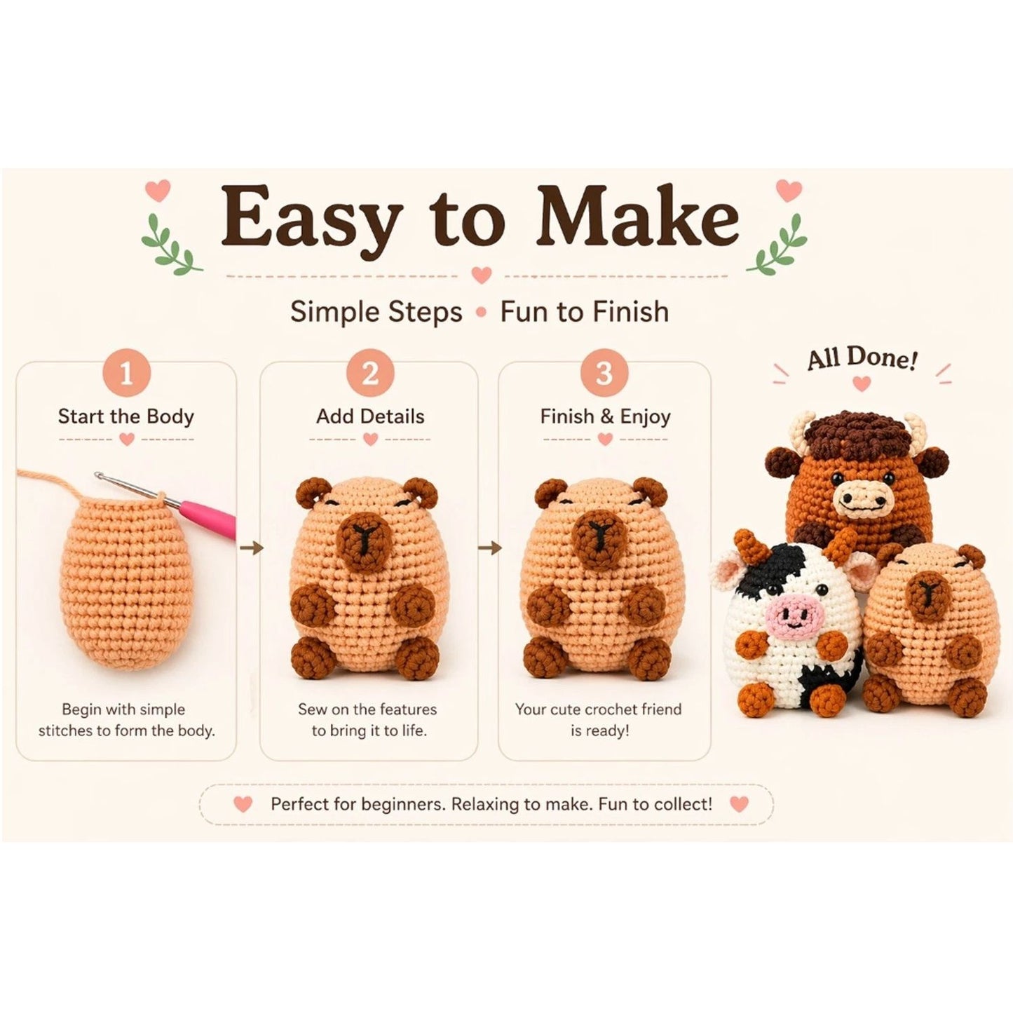 Home Collection Pack of 3 Cow and Capybara Crochet Kit for Beginners