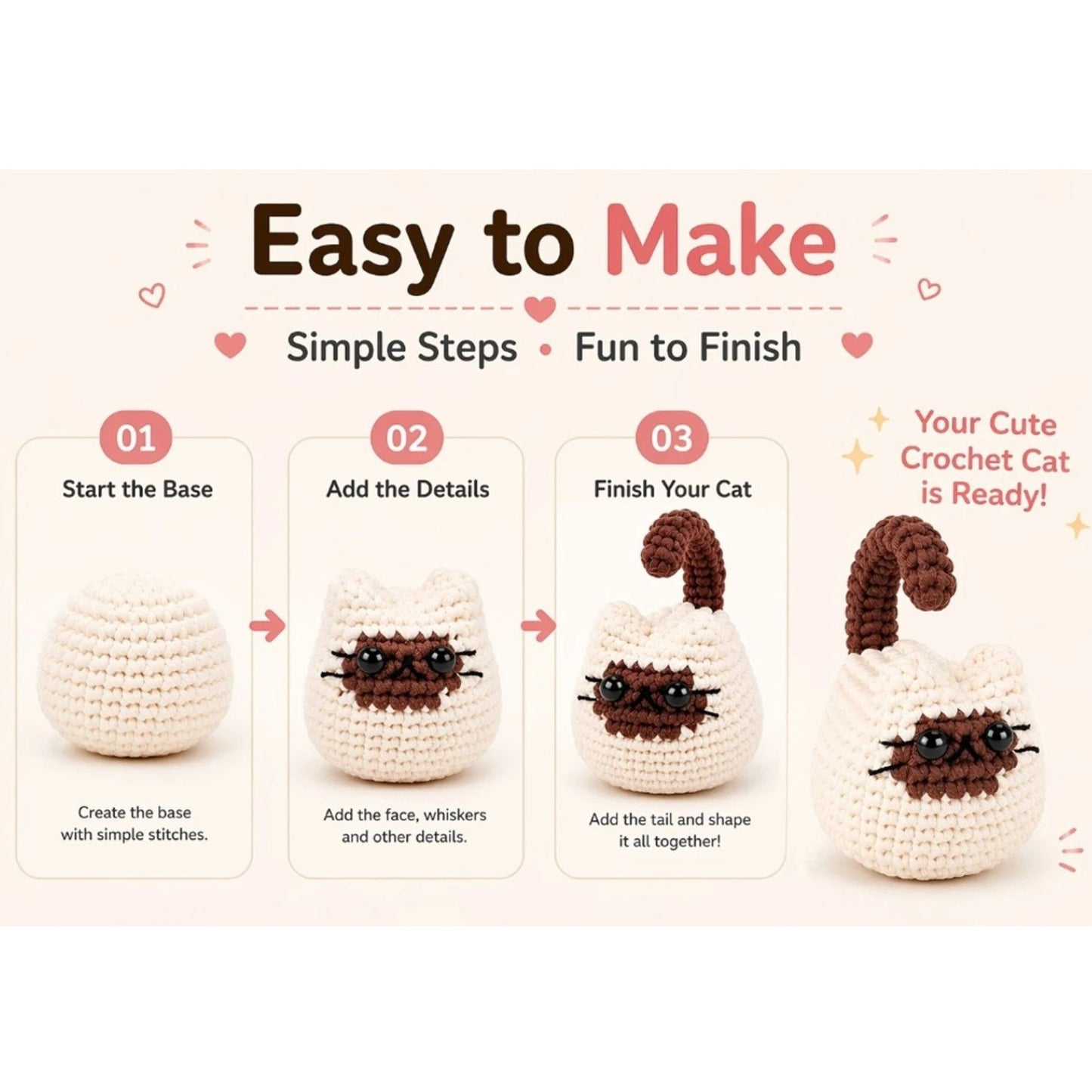 Home Collection Pack of 3 Cat Crochet Kit for Beginners