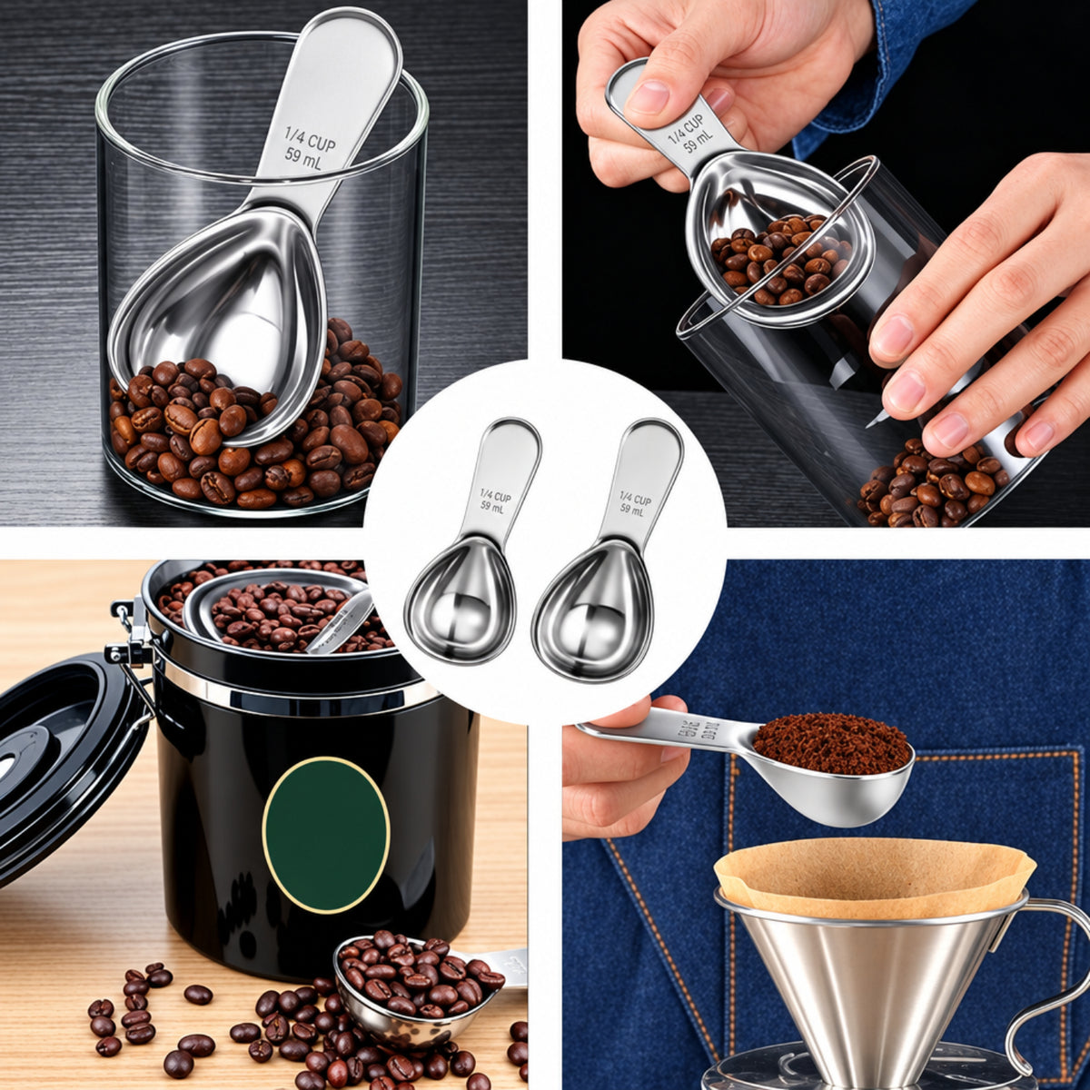 Home Collection Pack of 2 Stainless Steel Coffee Measuring Scoop Set