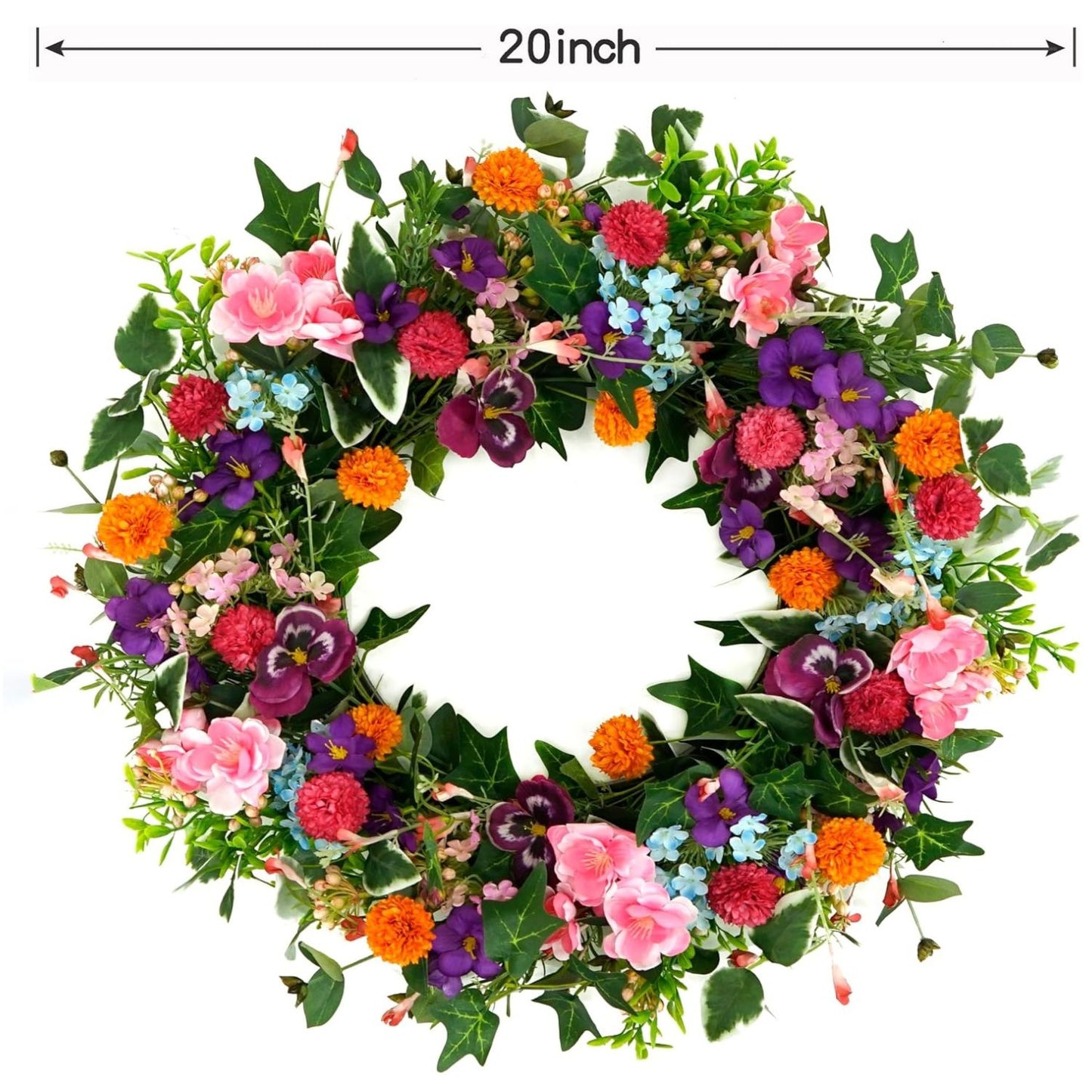 Home Collection Spring and Summer Pansy Wreath with Pink Cherry Blossoms for Front Door