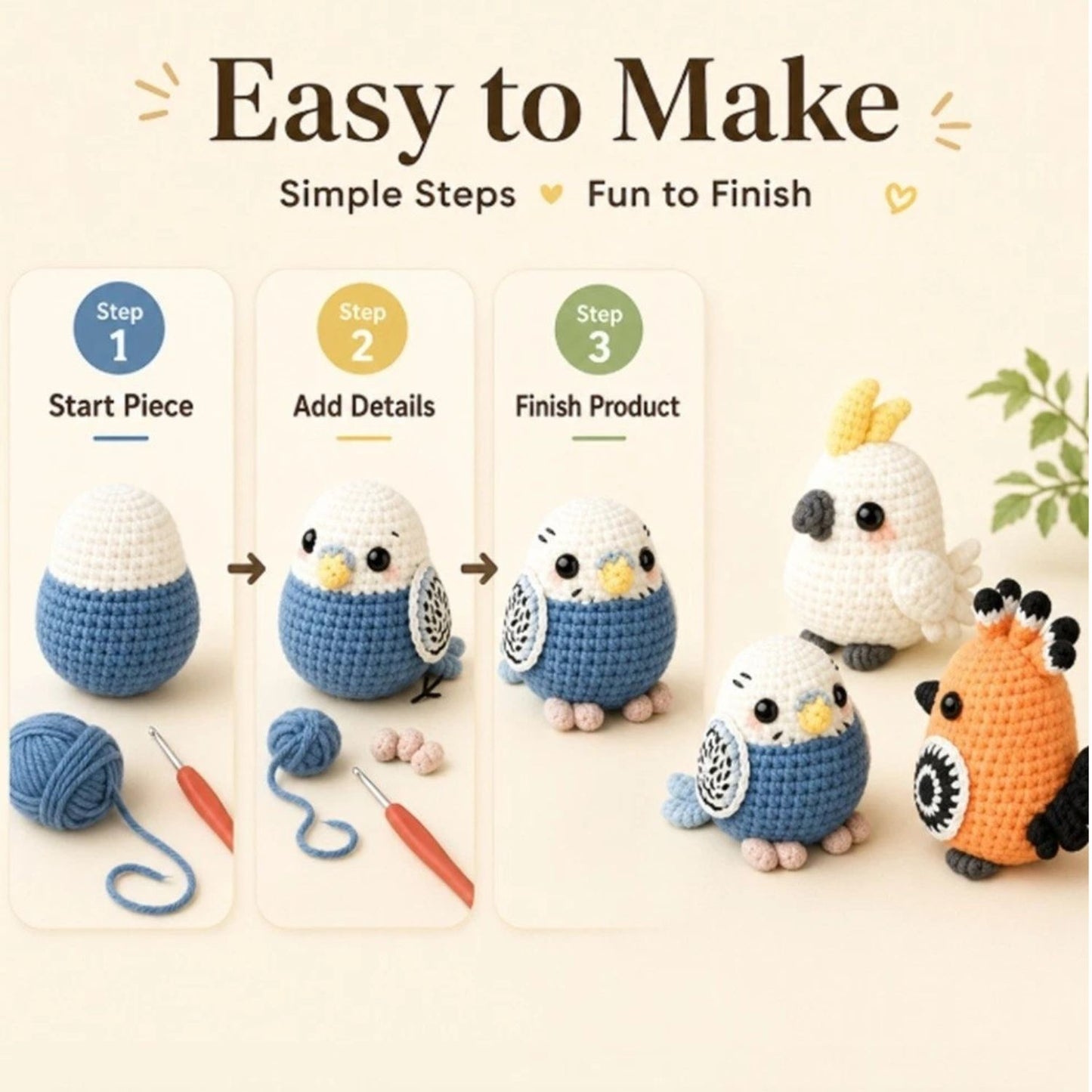 Home Collection Pack of 3 Parrots Crochet Kit for Beginners