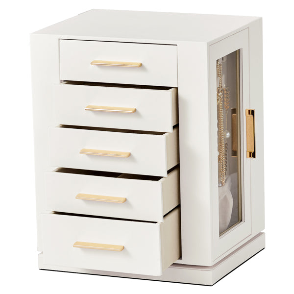 360° Rotating White Jewelry Cabinet with 5 Drawers
