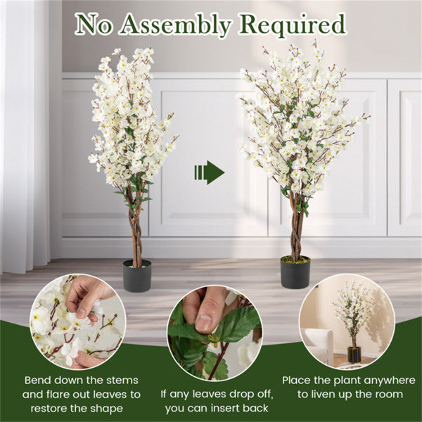 White Faux Plum Blossom Tree with Solid Wood Trunk