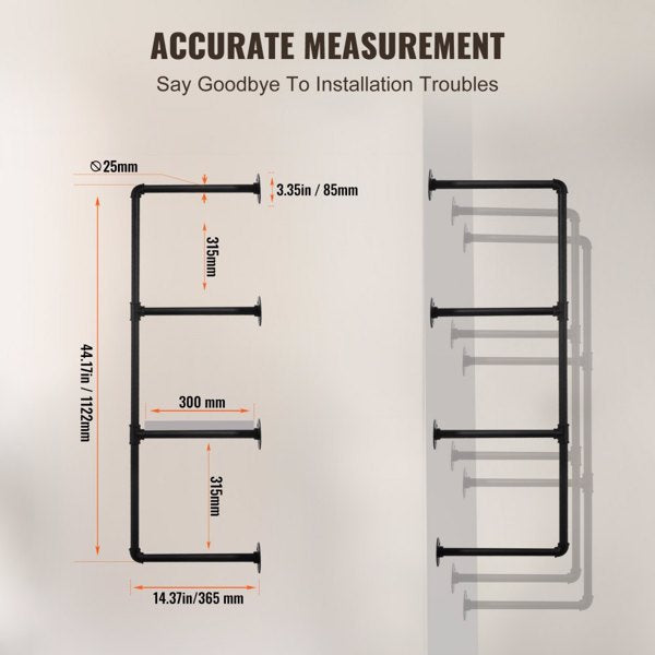 4-Tier Wall-Mount Industrial Pipe Shelf Set of 3 (Planks Not Included)