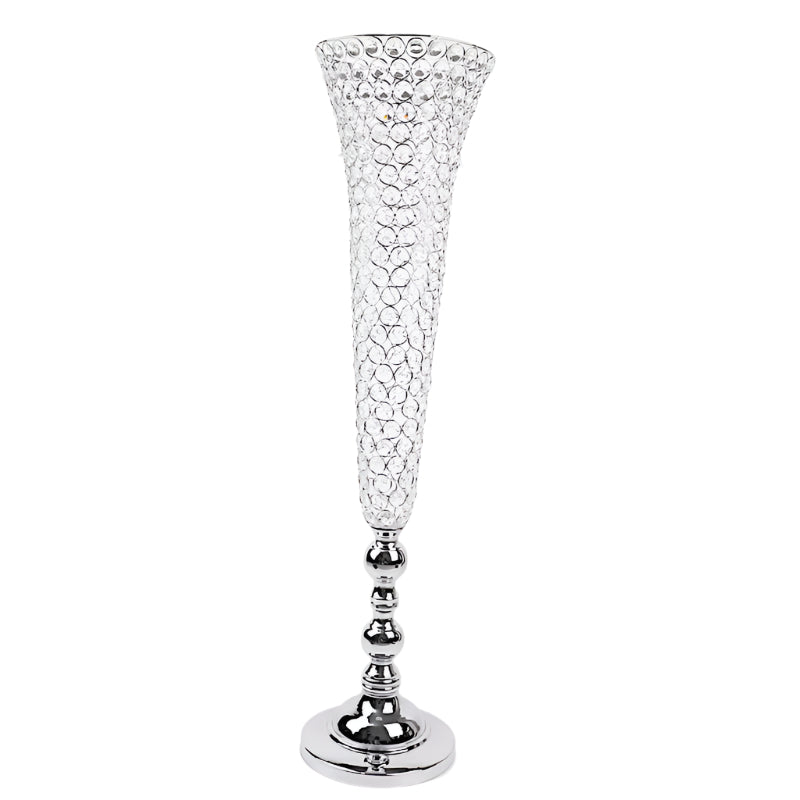Set of 2 Silver Metal 40" Trumpet Vases with Acrylic Crystal Beads