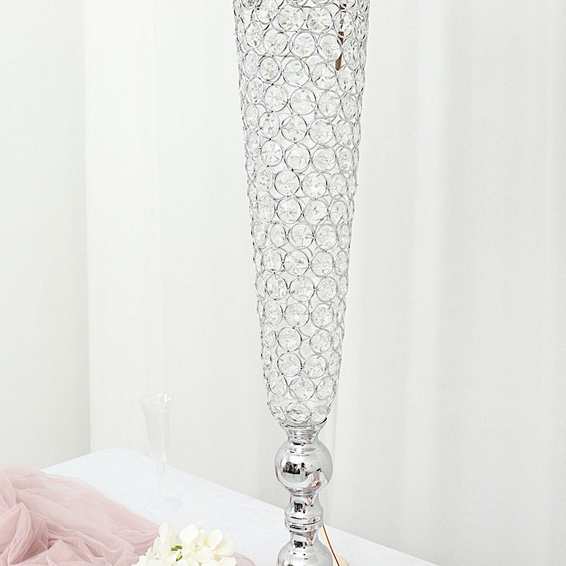 Set of 2 Silver Metal 40" Trumpet Vases with Acrylic Crystal Beads