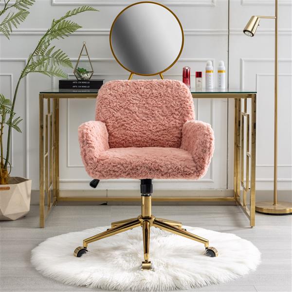 Pink Faux Rabbit Fur Office Chair with Gold Base