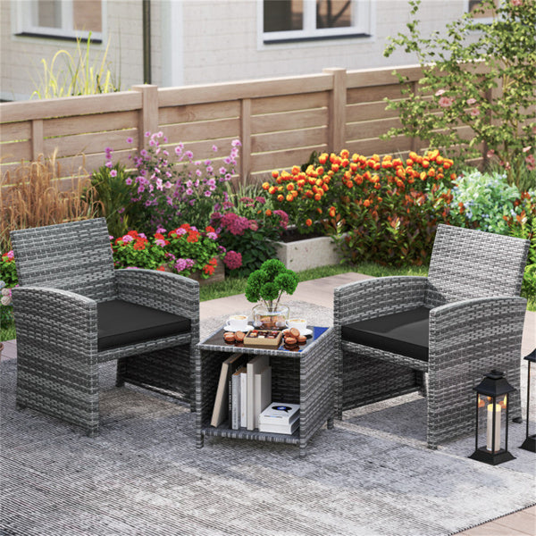Black 3-Piece Patio Furniture Set with Tempered Glass Coffee Table
